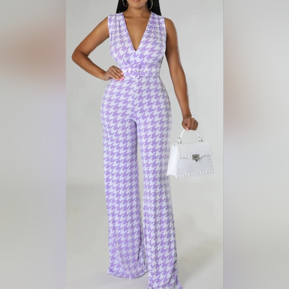 Houndstooth Jumpsuit TALL GIRL FRIENDLY INSEAM 38"  95% Polyester 5% Spandex